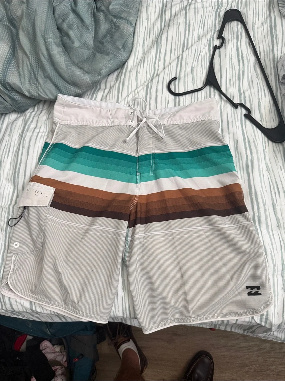 Billabong Men's Light Gray Board Shorts with Teal & Brown Stripes